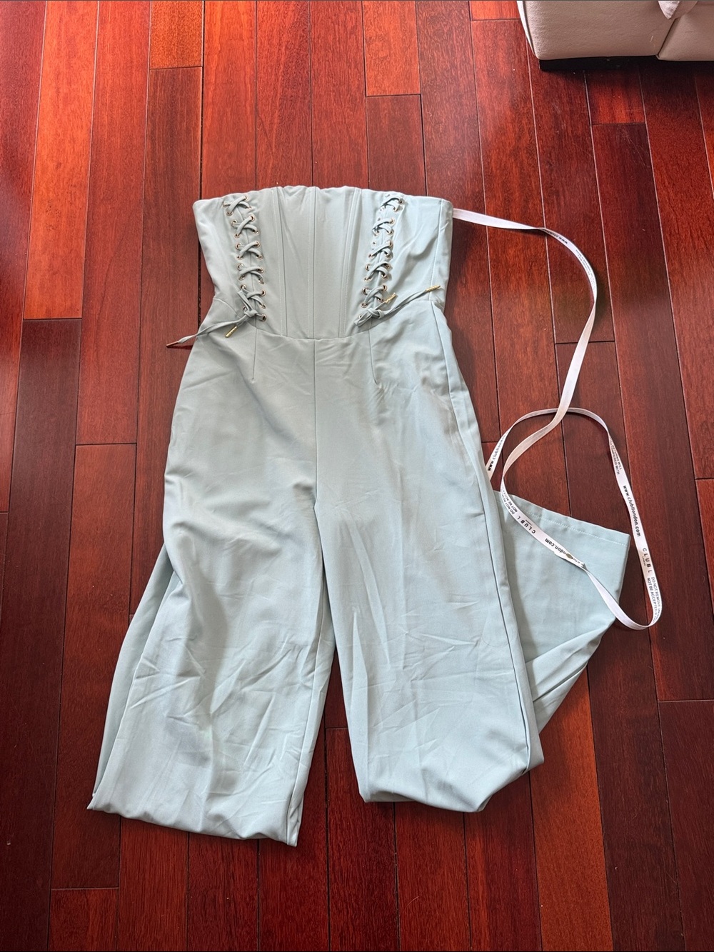 Club L London Strapless Lace-Up Waist Wide-Leg Jumpsuit in Sage Green